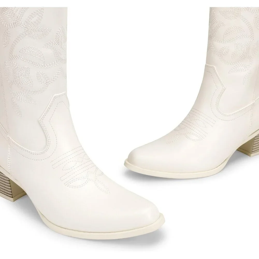 Women's White Cowboy Faux Leather Embroidery Stitched Chunky Heel Mid Calf Boots